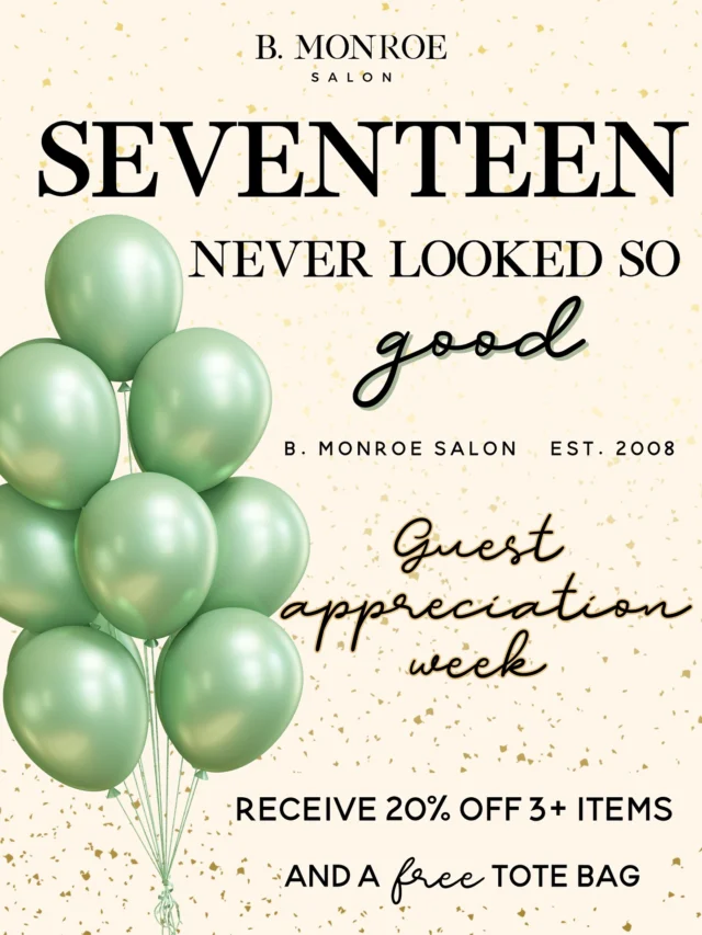 🎉 We’re turning 17! 🎉
We’re celebrating 17 years of beauty, style, and YOU! 💕
As our way of saying thank you, enjoy 20% off when you purchase 3 or more products — plus, receive a free tote bag while supplies last!

✨ Cheers to 17 years and to all our amazing guests who made it possible!

B. Monroe Salon • Middle Georgia Salon • Headspa

#bmonroesalon #middlegeorgiasalon #headspa