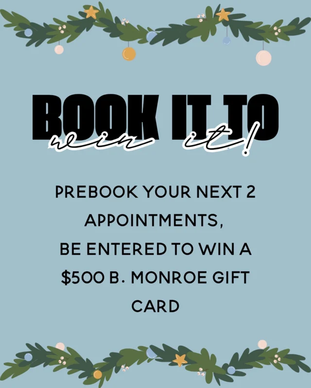 ✨Prebook. Pamper. Win!✨
Prebook your next two appointments before you leave the salon and you’ll be entered to win a $500 B. Monroe gift card! 💅💫
Secure your spot & treat yourself to something extra fabulous! 💕

B. Monroe Salon • Middle Georgia Salon • Headspa

#bmonroesalon #middlegeorgiasalon #headspa